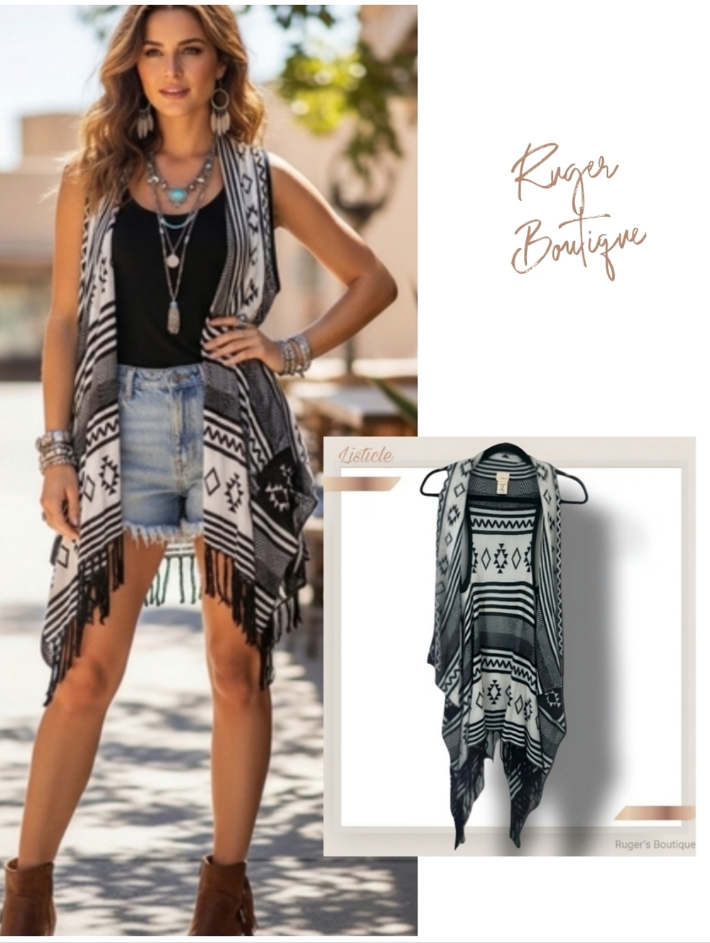 🌿Listicle Women's Small/Medium Boho Western Aztec Black White Cream Fringe